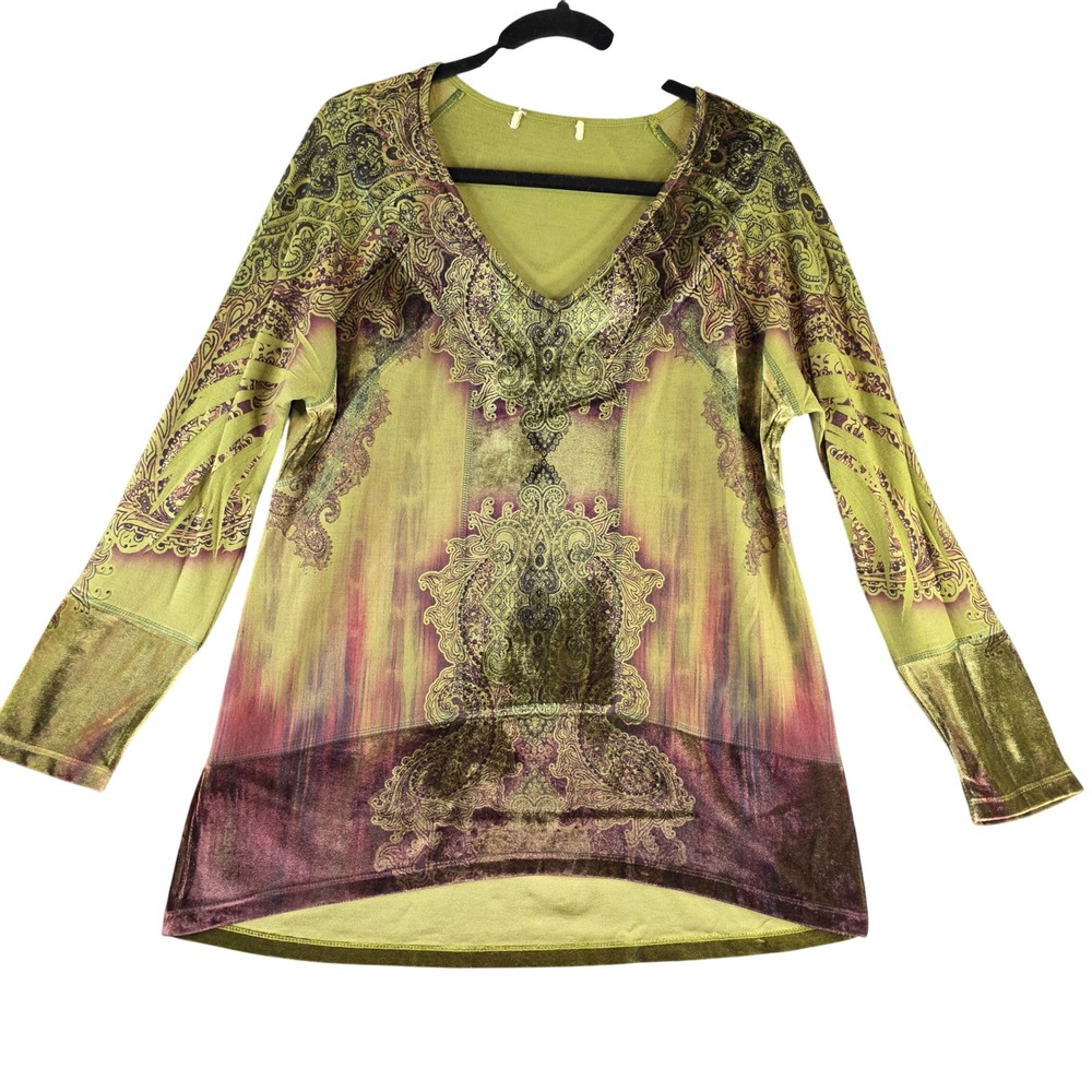 One‎ World Womens M Olive Green Paisley Velvet Trim V-Neck Tunic Top Fairycore